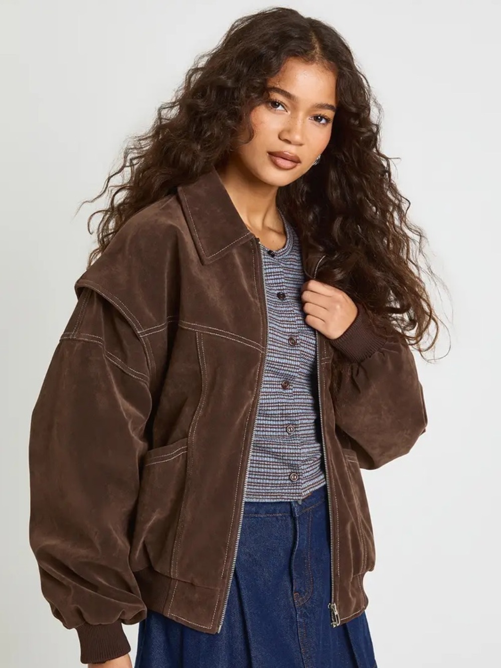 Brown Suede Boohoo Bomber Jacket